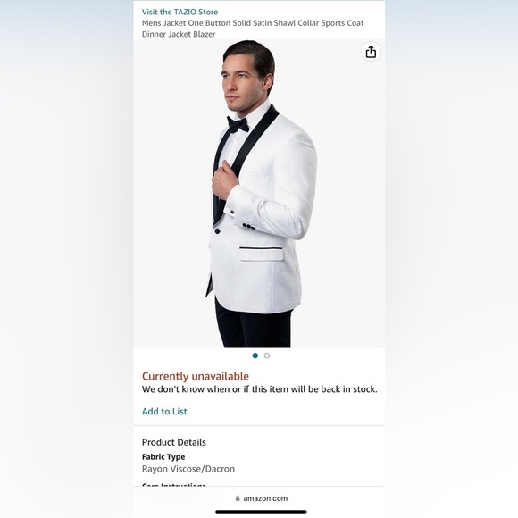 Mens Tazio Italy One Button Solid Satin Shawl Collar Dinner Jacket - Picture 3 of 16